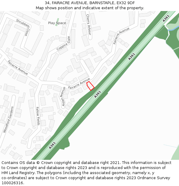 34, FAIRACRE AVENUE, BARNSTAPLE, EX32 9DF: Location map and indicative extent of plot