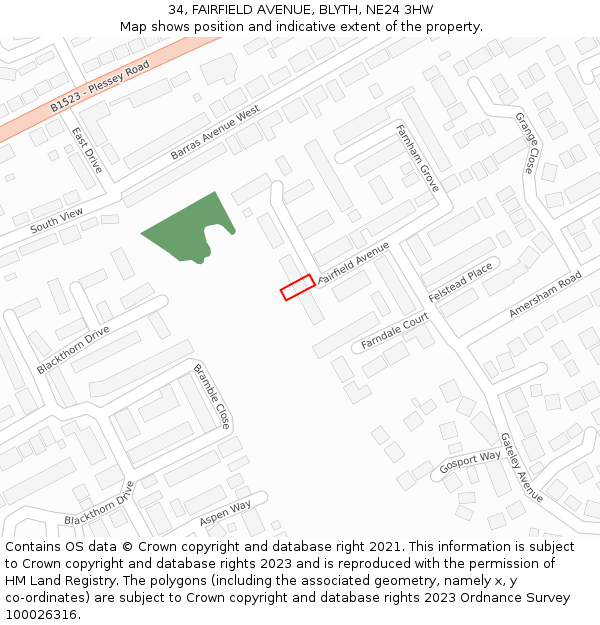 34, FAIRFIELD AVENUE, BLYTH, NE24 3HW: Location map and indicative extent of plot