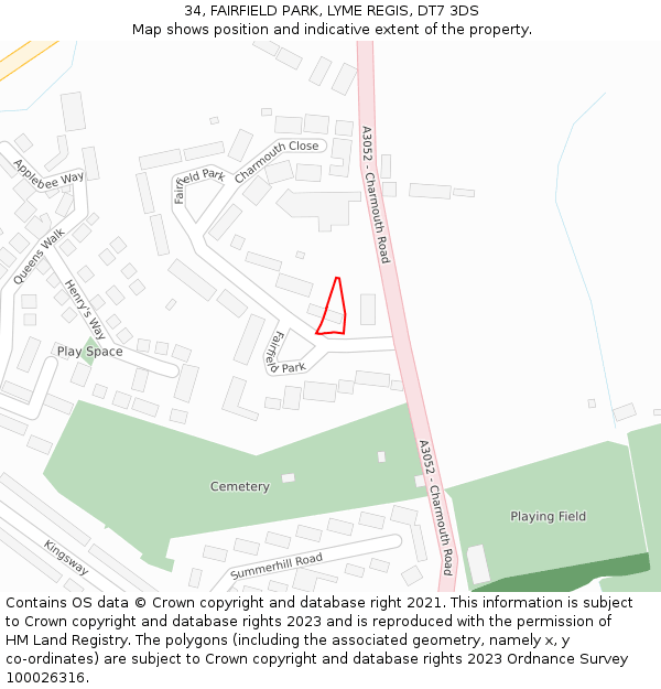 34, FAIRFIELD PARK, LYME REGIS, DT7 3DS: Location map and indicative extent of plot