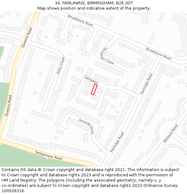 34, FAIRLAWNS, BIRMINGHAM, B26 2DT: Location map and indicative extent of plot