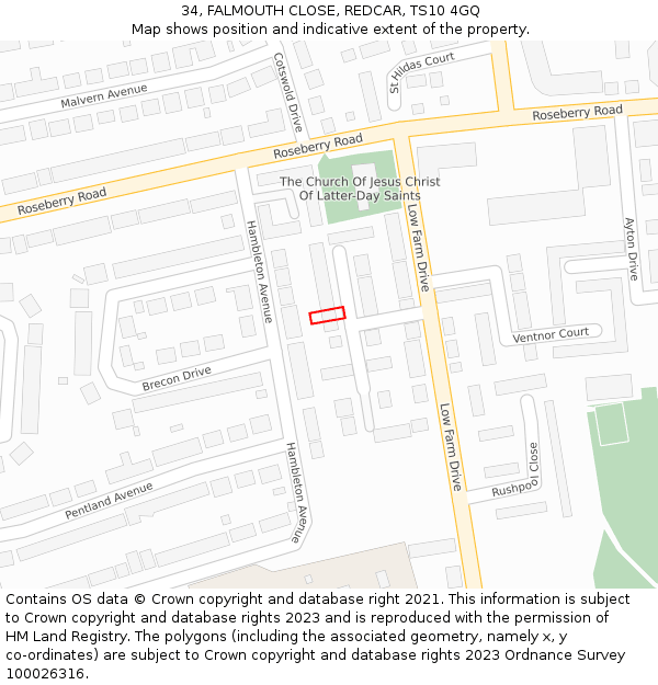 34, FALMOUTH CLOSE, REDCAR, TS10 4GQ: Location map and indicative extent of plot