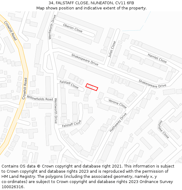 34, FALSTAFF CLOSE, NUNEATON, CV11 6FB: Location map and indicative extent of plot