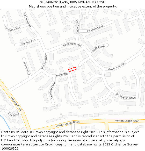 34, FARNDON WAY, BIRMINGHAM, B23 5XU: Location map and indicative extent of plot