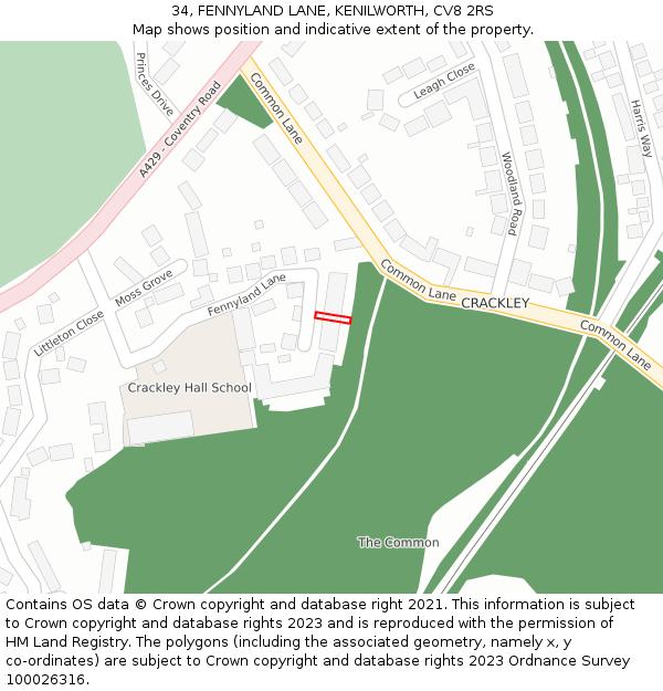 34, FENNYLAND LANE, KENILWORTH, CV8 2RS: Location map and indicative extent of plot