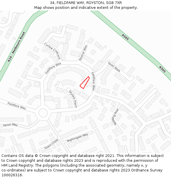 34, FIELDFARE WAY, ROYSTON, SG8 7XR: Location map and indicative extent of plot