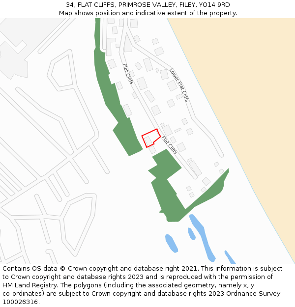 34, FLAT CLIFFS, PRIMROSE VALLEY, FILEY, YO14 9RD: Location map and indicative extent of plot