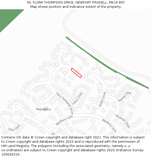 34, FLORA THOMPSON DRIVE, NEWPORT PAGNELL, MK16 8ST: Location map and indicative extent of plot