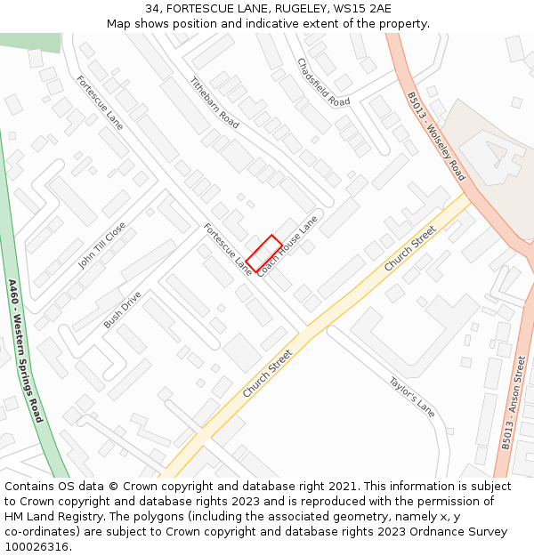 34, FORTESCUE LANE, RUGELEY, WS15 2AE: Location map and indicative extent of plot