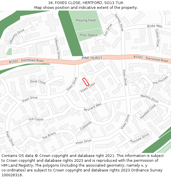 34, FOXES CLOSE, HERTFORD, SG13 7UA: Location map and indicative extent of plot