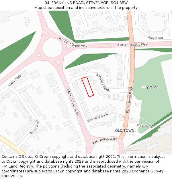 34, FRANKLINS ROAD, STEVENAGE, SG1 3BW: Location map and indicative extent of plot