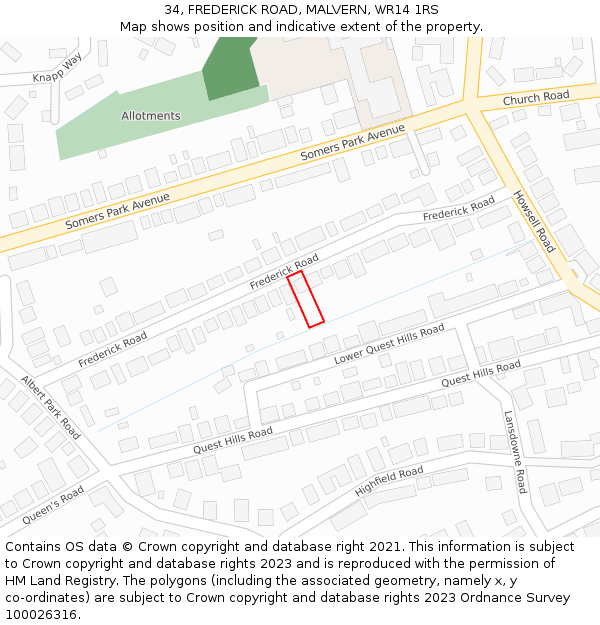 34, FREDERICK ROAD, MALVERN, WR14 1RS: Location map and indicative extent of plot