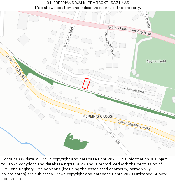 34, FREEMANS WALK, PEMBROKE, SA71 4AS: Location map and indicative extent of plot