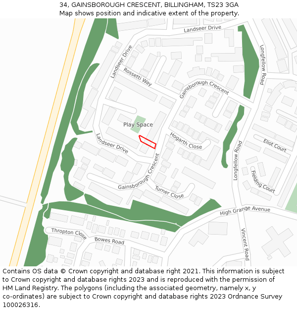 34, GAINSBOROUGH CRESCENT, BILLINGHAM, TS23 3GA: Location map and indicative extent of plot