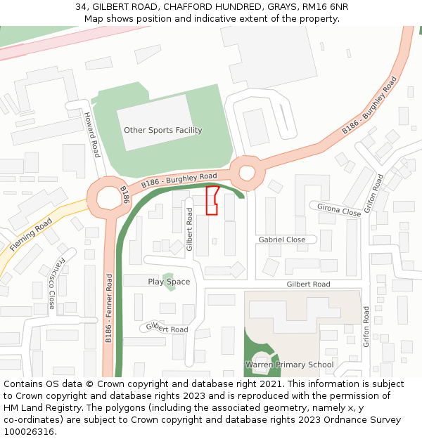 34, GILBERT ROAD, CHAFFORD HUNDRED, GRAYS, RM16 6NR: Location map and indicative extent of plot