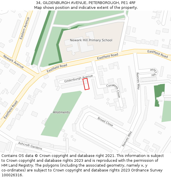 34, GILDENBURGH AVENUE, PETERBOROUGH, PE1 4RF: Location map and indicative extent of plot