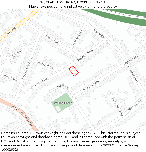 34, GLADSTONE ROAD, HOCKLEY, SS5 4BT: Location map and indicative extent of plot