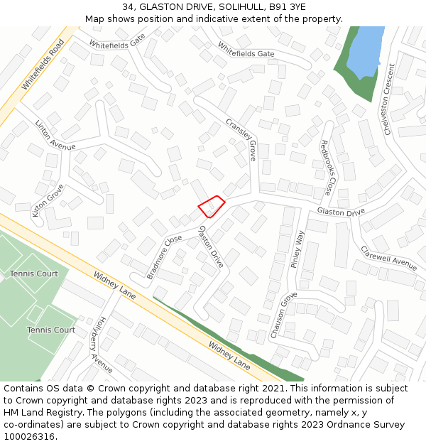 34, GLASTON DRIVE, SOLIHULL, B91 3YE: Location map and indicative extent of plot