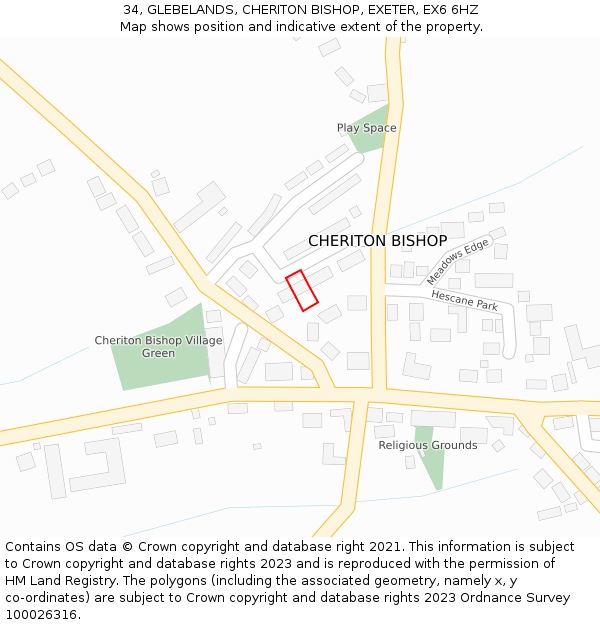 34, GLEBELANDS, CHERITON BISHOP, EXETER, EX6 6HZ: Location map and indicative extent of plot