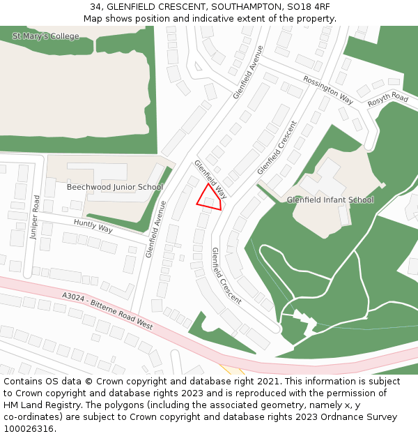 34, GLENFIELD CRESCENT, SOUTHAMPTON, SO18 4RF: Location map and indicative extent of plot