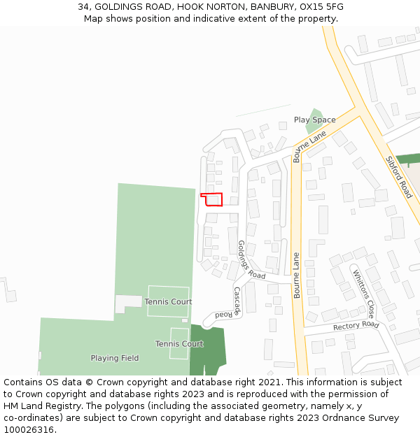 34, GOLDINGS ROAD, HOOK NORTON, BANBURY, OX15 5FG: Location map and indicative extent of plot