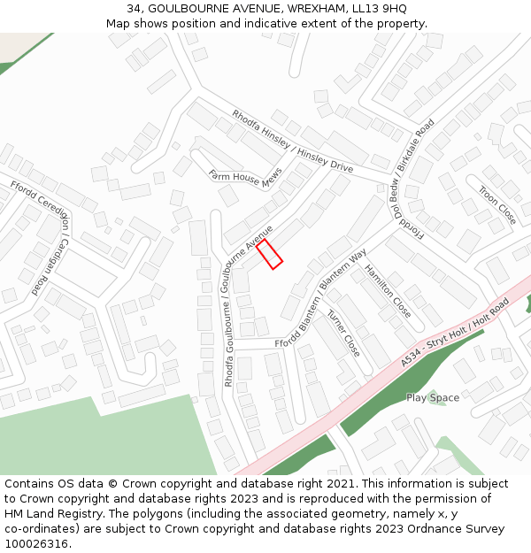 34, GOULBOURNE AVENUE, WREXHAM, LL13 9HQ: Location map and indicative extent of plot