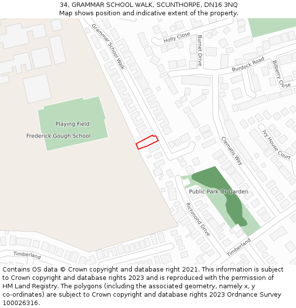 34, GRAMMAR SCHOOL WALK, SCUNTHORPE, DN16 3NQ: Location map and indicative extent of plot