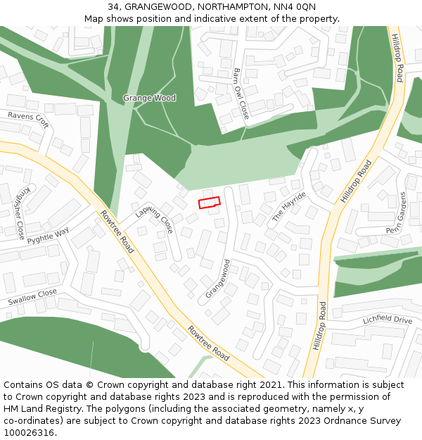 34, GRANGEWOOD, NORTHAMPTON, NN4 0QN: Location map and indicative extent of plot