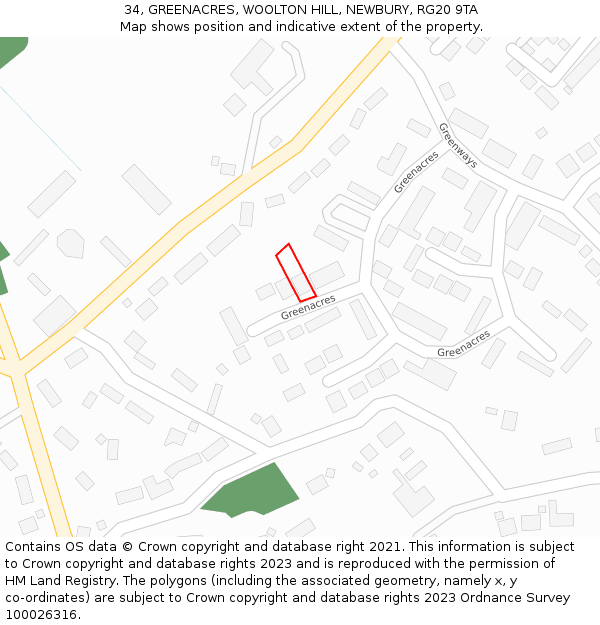 34, GREENACRES, WOOLTON HILL, NEWBURY, RG20 9TA: Location map and indicative extent of plot