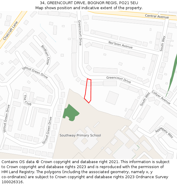 34, GREENCOURT DRIVE, BOGNOR REGIS, PO21 5EU: Location map and indicative extent of plot