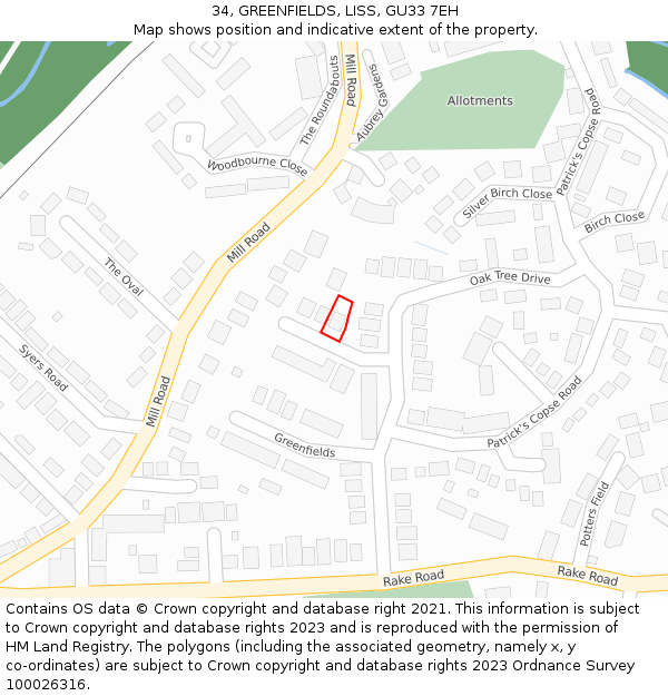 34, GREENFIELDS, LISS, GU33 7EH: Location map and indicative extent of plot