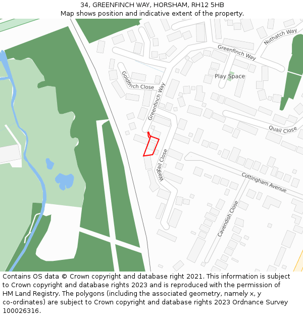 34, GREENFINCH WAY, HORSHAM, RH12 5HB: Location map and indicative extent of plot