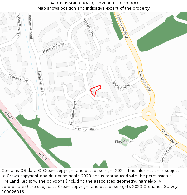 34, GRENADIER ROAD, HAVERHILL, CB9 9QQ: Location map and indicative extent of plot