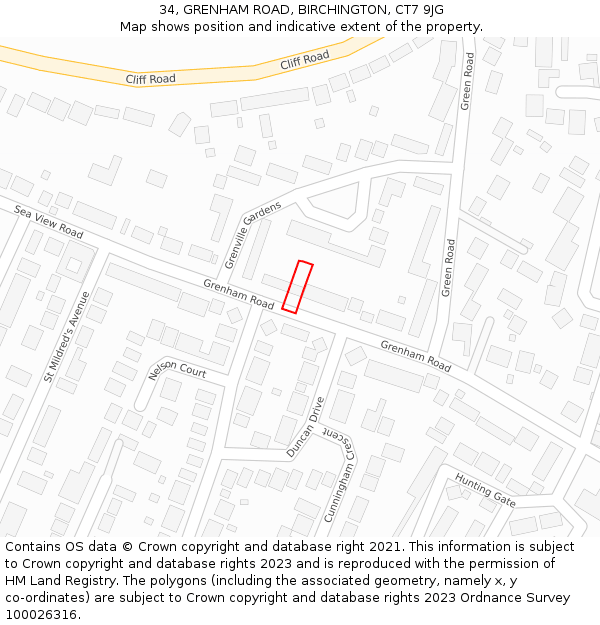 34, GRENHAM ROAD, BIRCHINGTON, CT7 9JG: Location map and indicative extent of plot