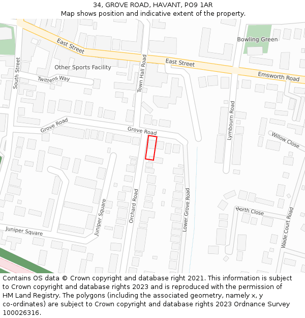 34, GROVE ROAD, HAVANT, PO9 1AR: Location map and indicative extent of plot