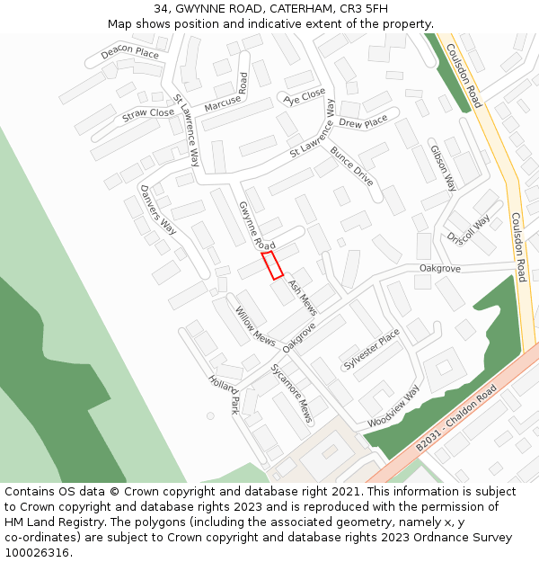 34, GWYNNE ROAD, CATERHAM, CR3 5FH: Location map and indicative extent of plot