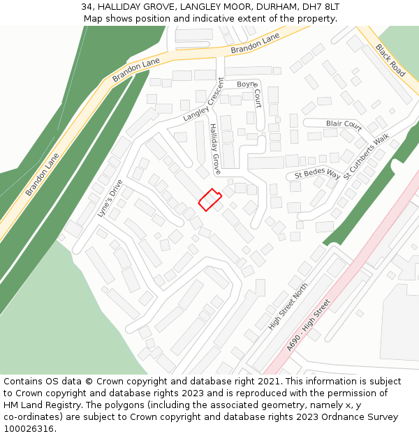 34, HALLIDAY GROVE, LANGLEY MOOR, DURHAM, DH7 8LT: Location map and indicative extent of plot