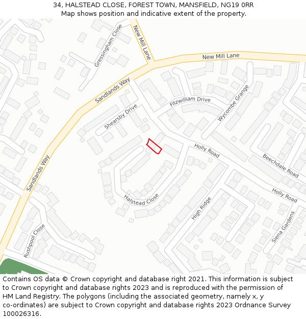 34, HALSTEAD CLOSE, FOREST TOWN, MANSFIELD, NG19 0RR: Location map and indicative extent of plot