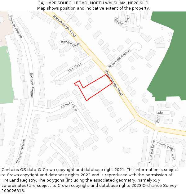 34, HAPPISBURGH ROAD, NORTH WALSHAM, NR28 9HD: Location map and indicative extent of plot