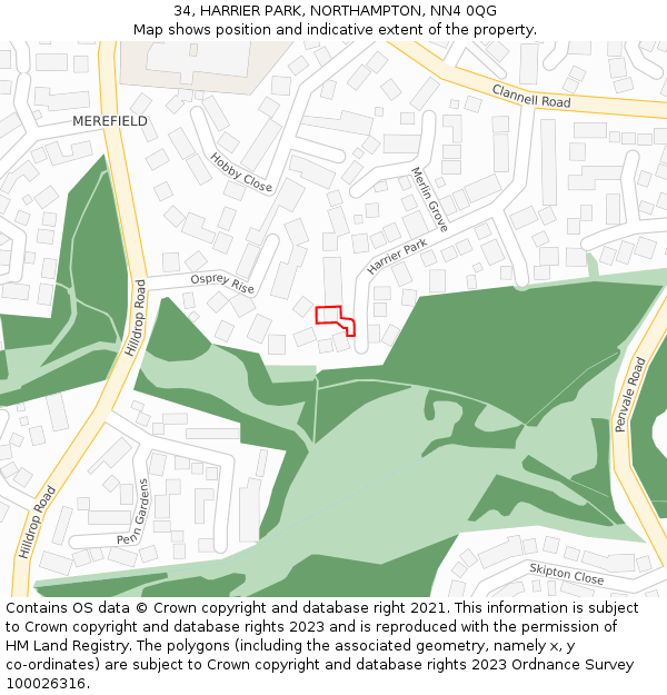 34, HARRIER PARK, NORTHAMPTON, NN4 0QG: Location map and indicative extent of plot