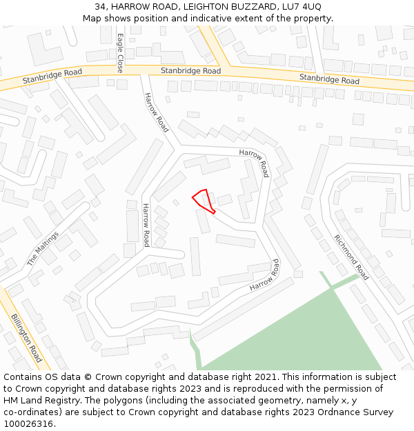 34, HARROW ROAD, LEIGHTON BUZZARD, LU7 4UQ: Location map and indicative extent of plot