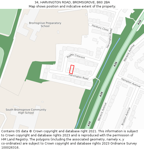 34, HARVINGTON ROAD, BROMSGROVE, B60 2BA: Location map and indicative extent of plot