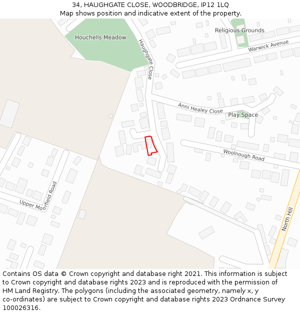 34, HAUGHGATE CLOSE, WOODBRIDGE, IP12 1LQ: Location map and indicative extent of plot