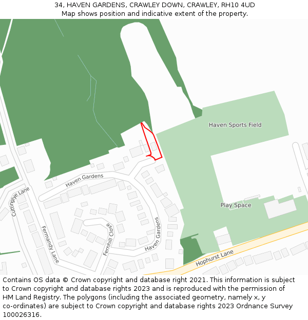 34, HAVEN GARDENS, CRAWLEY DOWN, CRAWLEY, RH10 4UD: Location map and indicative extent of plot