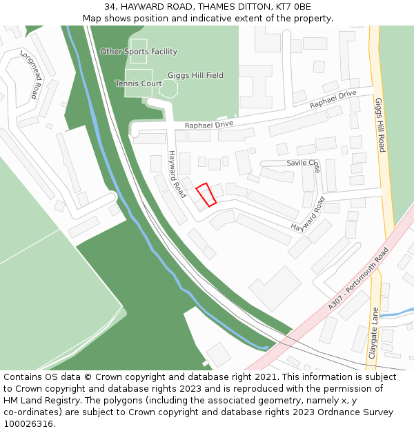 34, HAYWARD ROAD, THAMES DITTON, KT7 0BE: Location map and indicative extent of plot