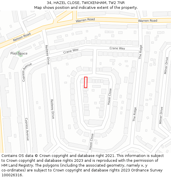 34, HAZEL CLOSE, TWICKENHAM, TW2 7NR: Location map and indicative extent of plot
