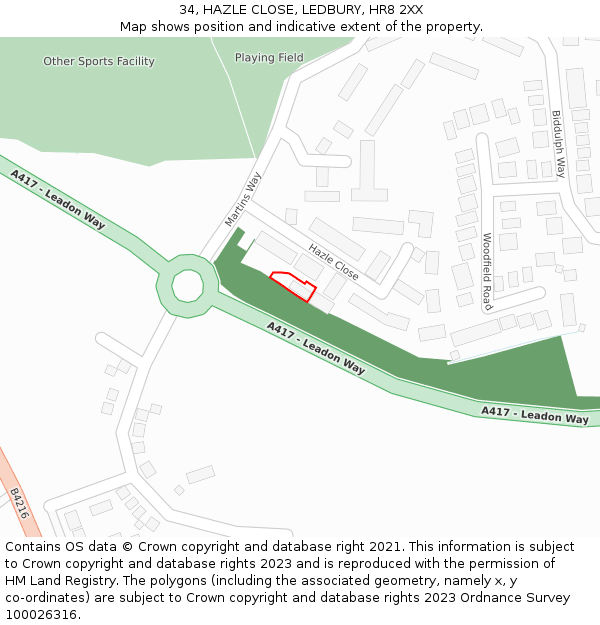 34, HAZLE CLOSE, LEDBURY, HR8 2XX: Location map and indicative extent of plot