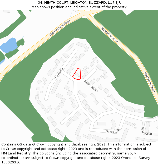 34, HEATH COURT, LEIGHTON BUZZARD, LU7 3JR: Location map and indicative extent of plot