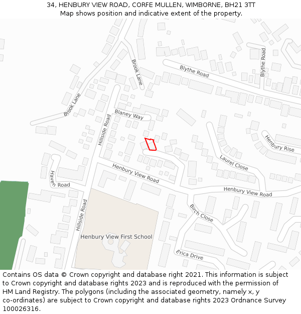 34, HENBURY VIEW ROAD, CORFE MULLEN, WIMBORNE, BH21 3TT: Location map and indicative extent of plot