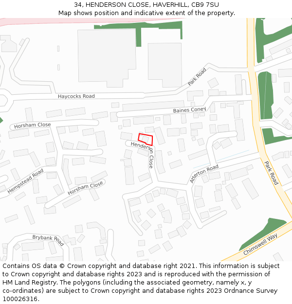 34, HENDERSON CLOSE, HAVERHILL, CB9 7SU: Location map and indicative extent of plot