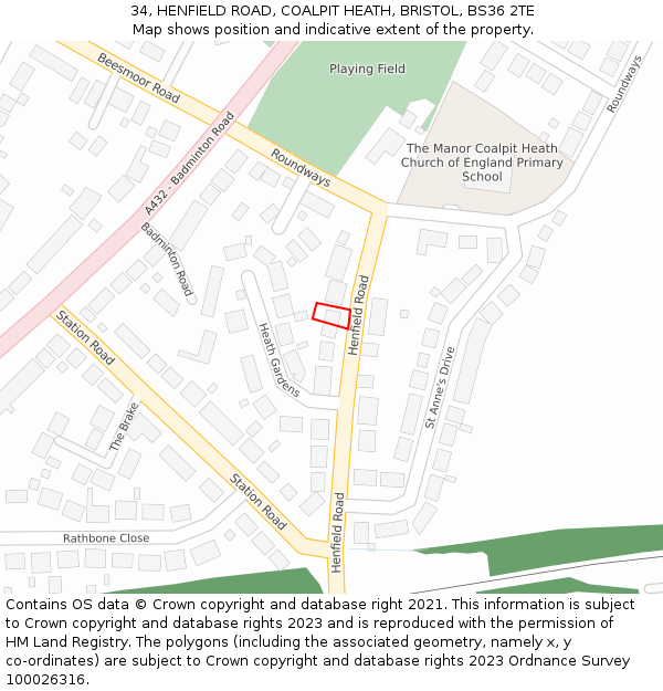 34, HENFIELD ROAD, COALPIT HEATH, BRISTOL, BS36 2TE: Location map and indicative extent of plot